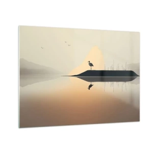 Tablou pe sticlă - Un stârc stând pe o insulă în apele calme ale unui lac - 70x50cm - Domn pe lac - Decorațiune modernă pentru perete pentru living și dormitor ARTTOR