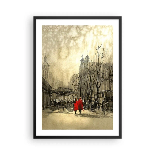 Poster în ramă neagră - O figură într-o haină roșie pe fundalul unui oraș de iarnă - 50x70cm - O întâlnire în ceața londoneză - Decorațiune modernă pentru perete pentru living și dormitor ARTTOR