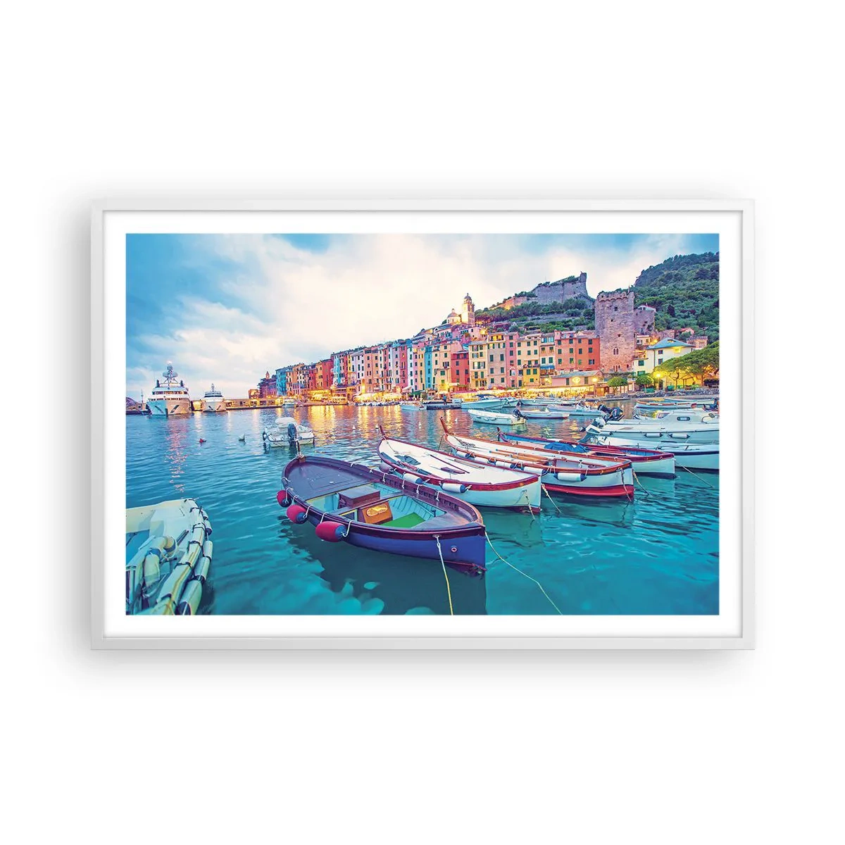 Poster în ramă albă - O seară plină de culoare în port - 91x61 cm