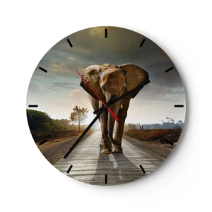 Ceas de perete - Ceas pe sticlă - Un elefant pe drum într-un peisaj african - 30x30cm - Și-a pierdut cipicii... - Decorațiune modernă pentru perete pentru living, bucătărie și dormitor ARTTOR
