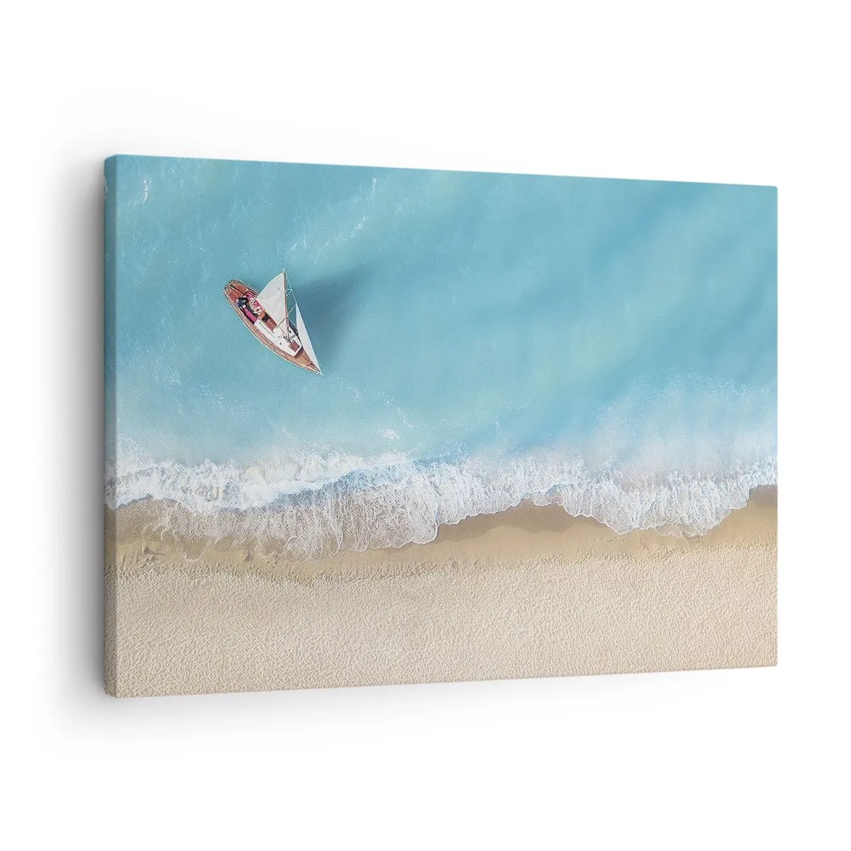 Tablou pe pânză Canvas - vedere de sus a unei bărci pe plajă - 70x50cm - La frontieră dintre albastru și auriu - Decorațiune modernă pentru perete pentru living și dormitor ARTTOR