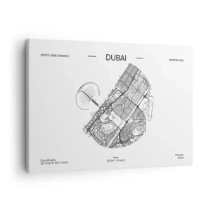 Tablou pe pânză Canvas - O hartă minimalistă alb-negru a Dubaiului, cu marcaje de locație. - 70x50cm - Anatomia Dubaiului - Decorațiune modernă pentru perete pentru living și dormitor ARTTOR