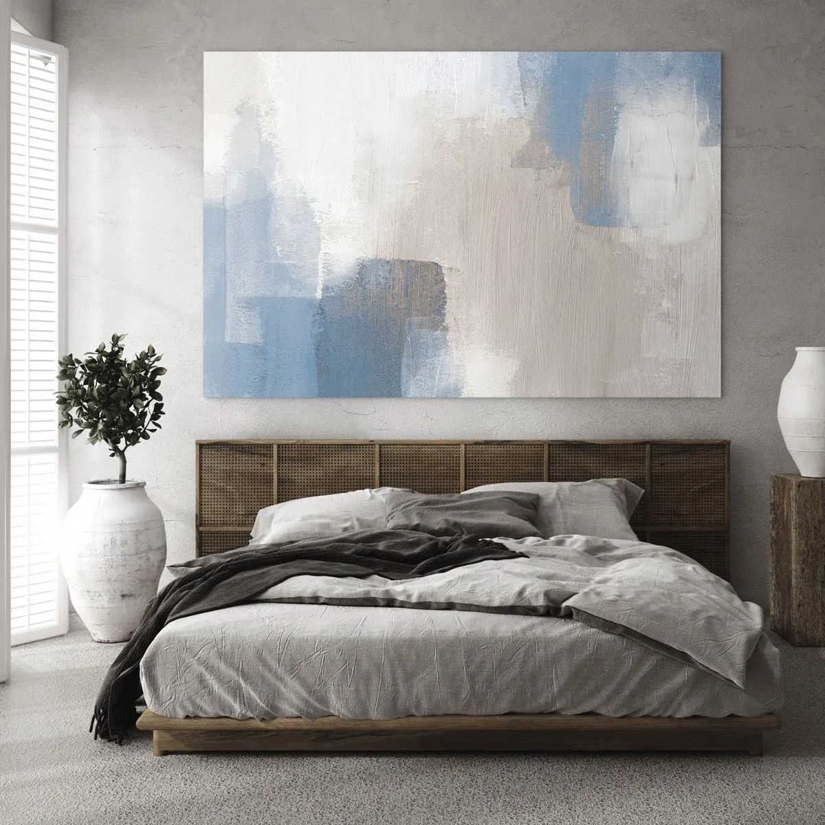 Tablou pe sticlă - Abstracție bej și albastră în culori pastelate - 70x50cm - Abstracție roz în spatele unui voal de albastru - Decorațiune modernă pentru perete pentru living și dormitor ARTTOR