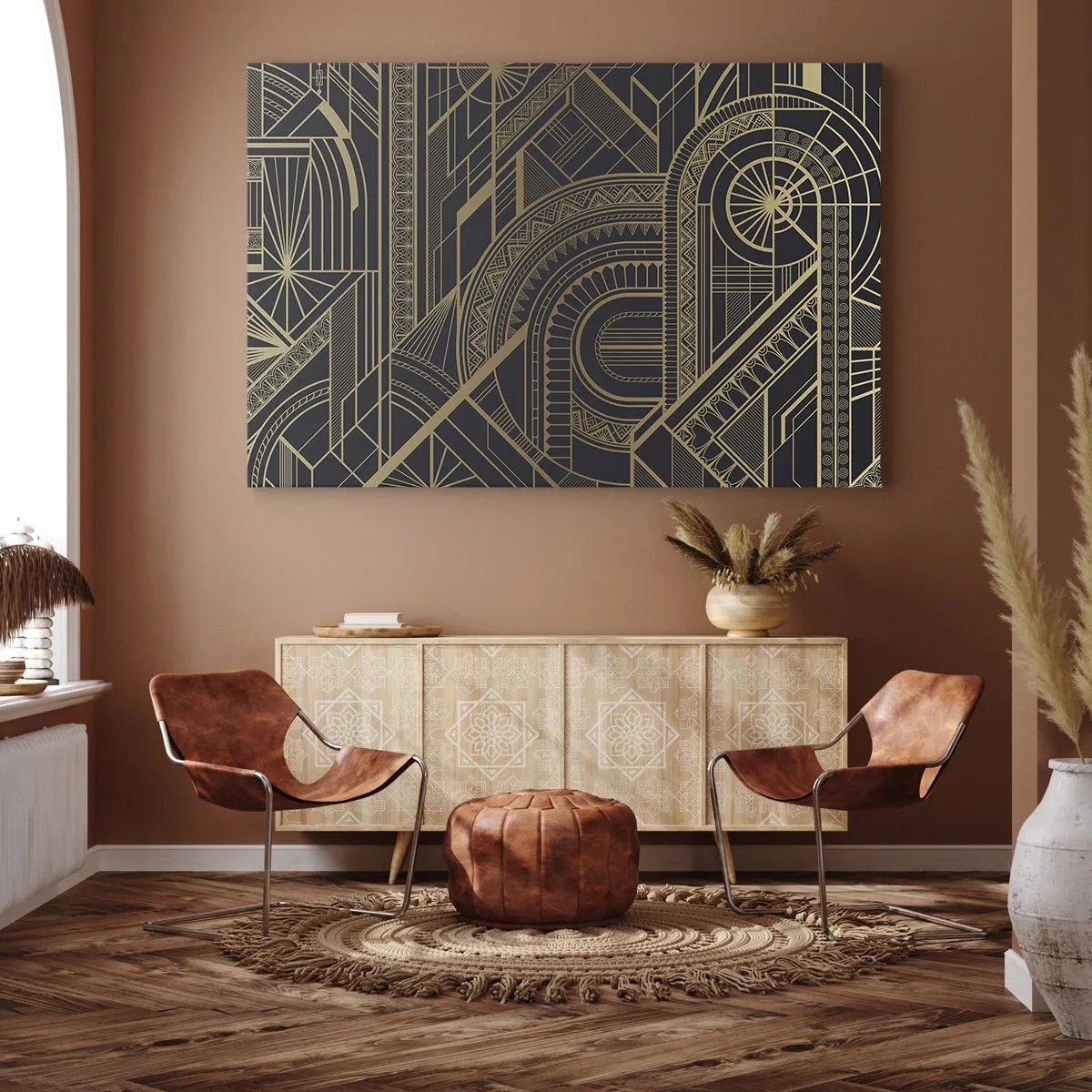 Tablou pe pânză Canvas - Modele geometrice aurii pe fundal negru în stil Art Deco - 70x50cm - Concepte, idei, planuri - Decorațiune modernă pentru perete pentru living și dormitor ARTTOR