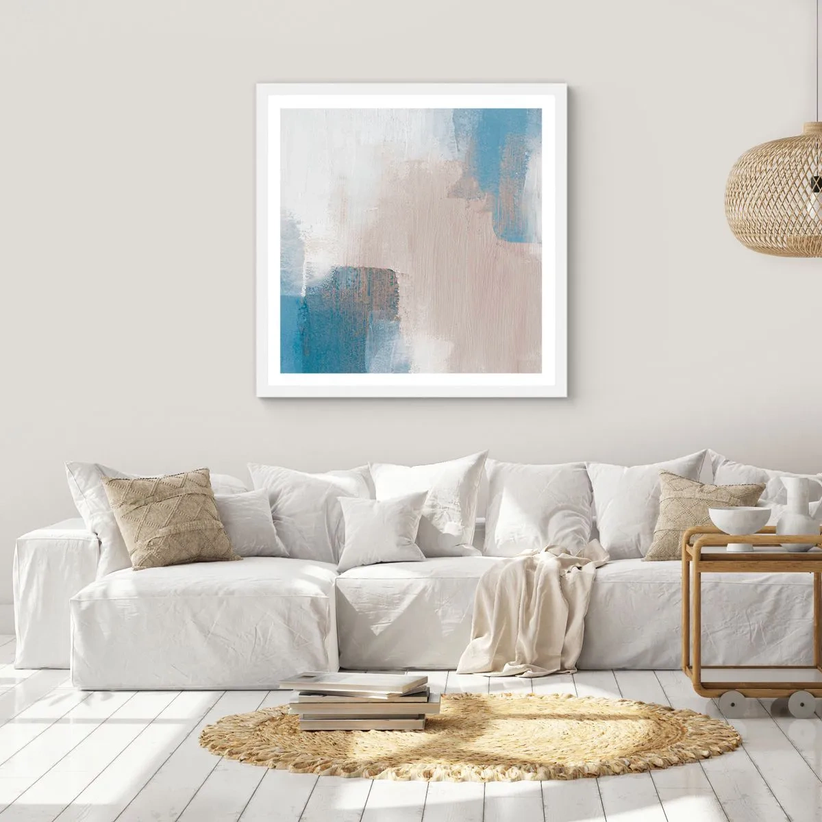 Poster în ramă albă - Abstracție roz în spatele unui voal de albastru - 50x50 cm