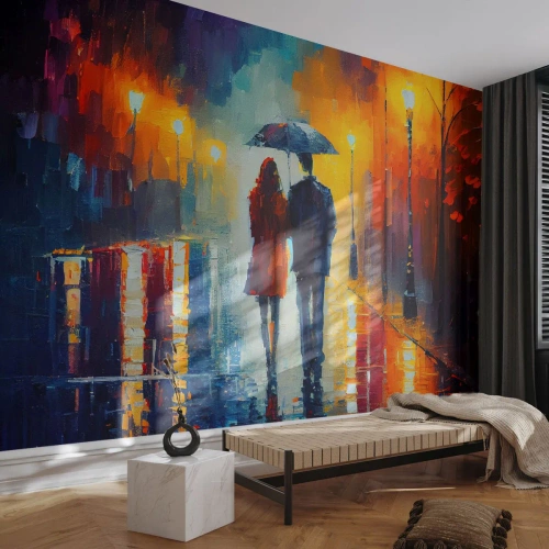 Tapet Standard Eco - Un cuplu sub o umbrelă plimbându-se noaptea la lumina unui felinar stradal - 100x70cm - Împreună - o noapte plină de culoare - Decorațiune modernă pentru perete pentru living și dormitor ARTTOR