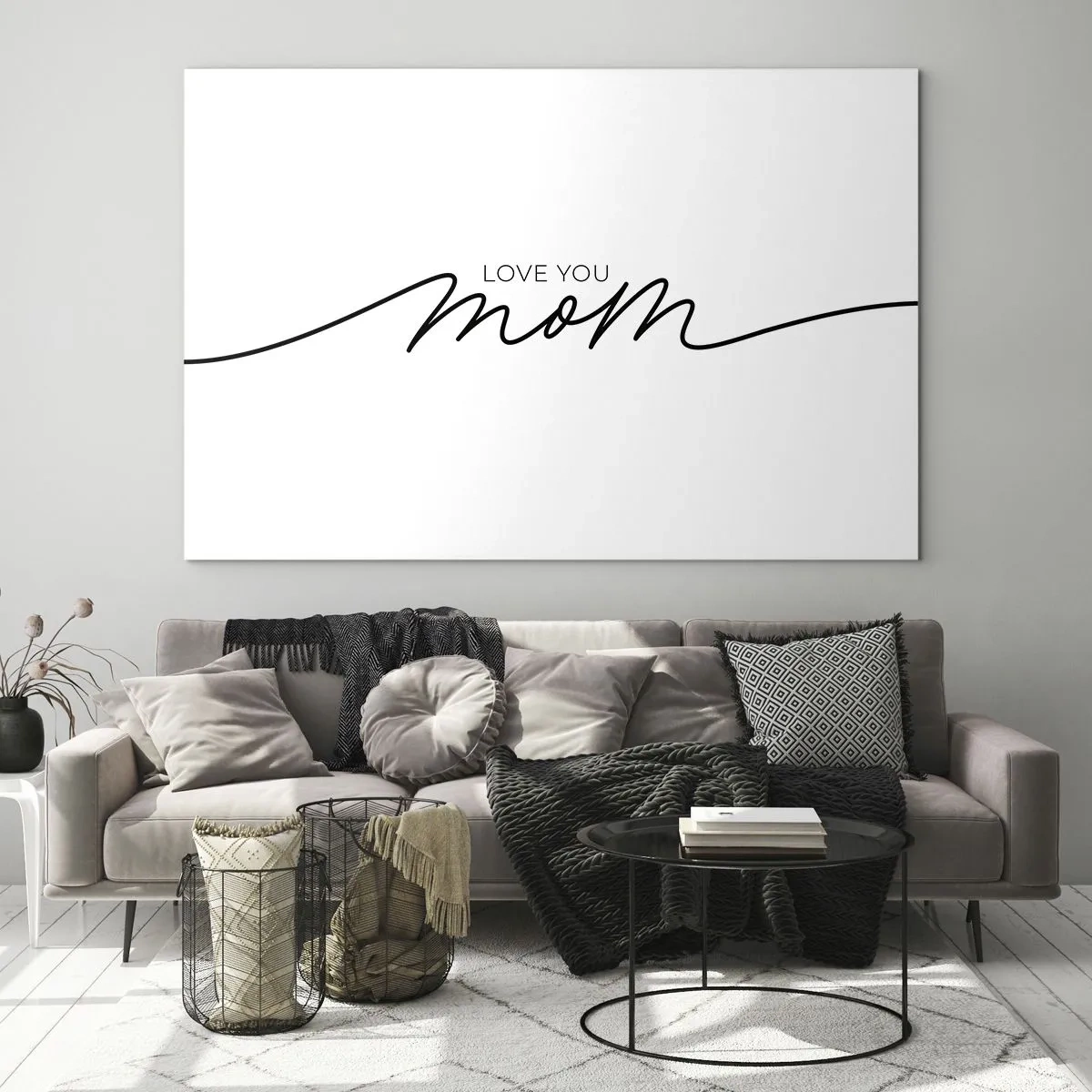 Tablou pe sticlă - Inscripția minimalistă „Te iubesc, mama” cu negru pe fundal alb - 70x50cm - Mare emoție - Decorațiune modernă pentru perete pentru living și dormitor ARTTOR
