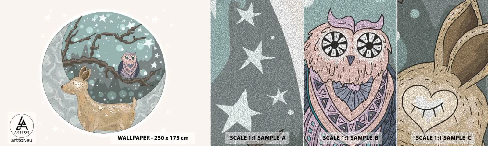 Mostră tapet Premium Sand - O noapte în pădure de poveste - Pentru copii, Grafică, Stele - 100x30 cm