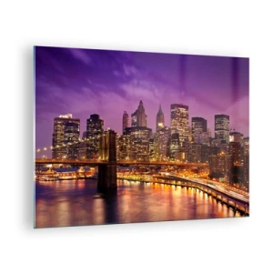Tablou pe sticlă - Vedere de seară a orașului New York cu podul Brooklyn - 70x50cm - Manhathannul mov-auriu - Decorațiune modernă pentru perete pentru living și dormitor ARTTOR