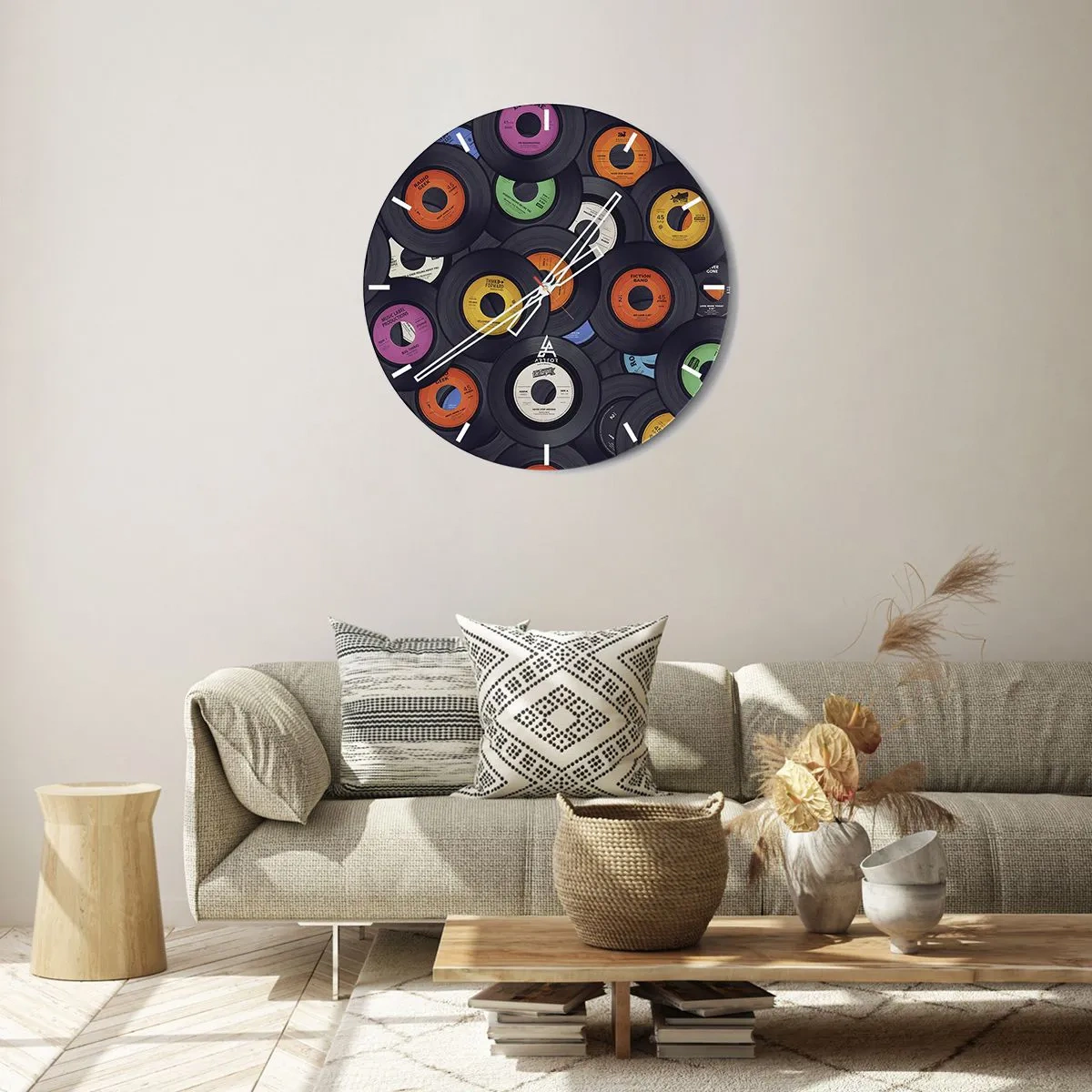 Ceas de perete - Ceas pe sticlă - Discuri de vinil colorate într-un aranjament artistic - 30x30cm - Culorile clasicilor - Decorațiune modernă pentru perete pentru living, bucătărie și dormitor ARTTOR