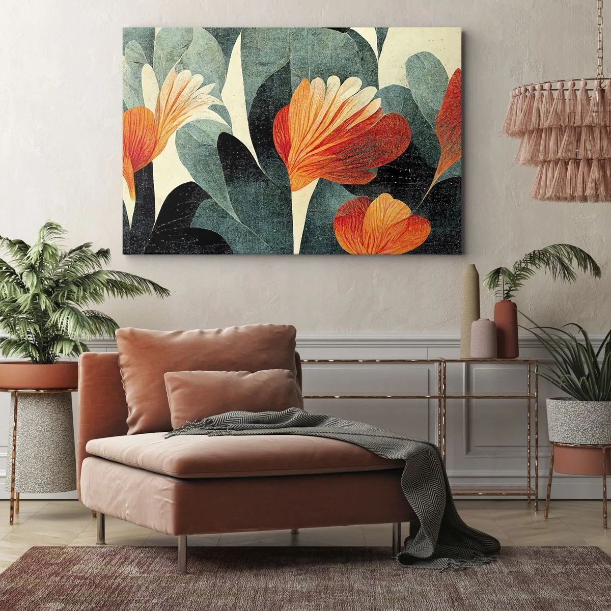 Tablou pe pânză Canvas - Flori în nuanțe intense de portocaliu și verde - 70x50cm - Căldura de la tropice și răcoarea verdeței - Decorațiune modernă pentru perete pentru living și dormitor ARTTOR