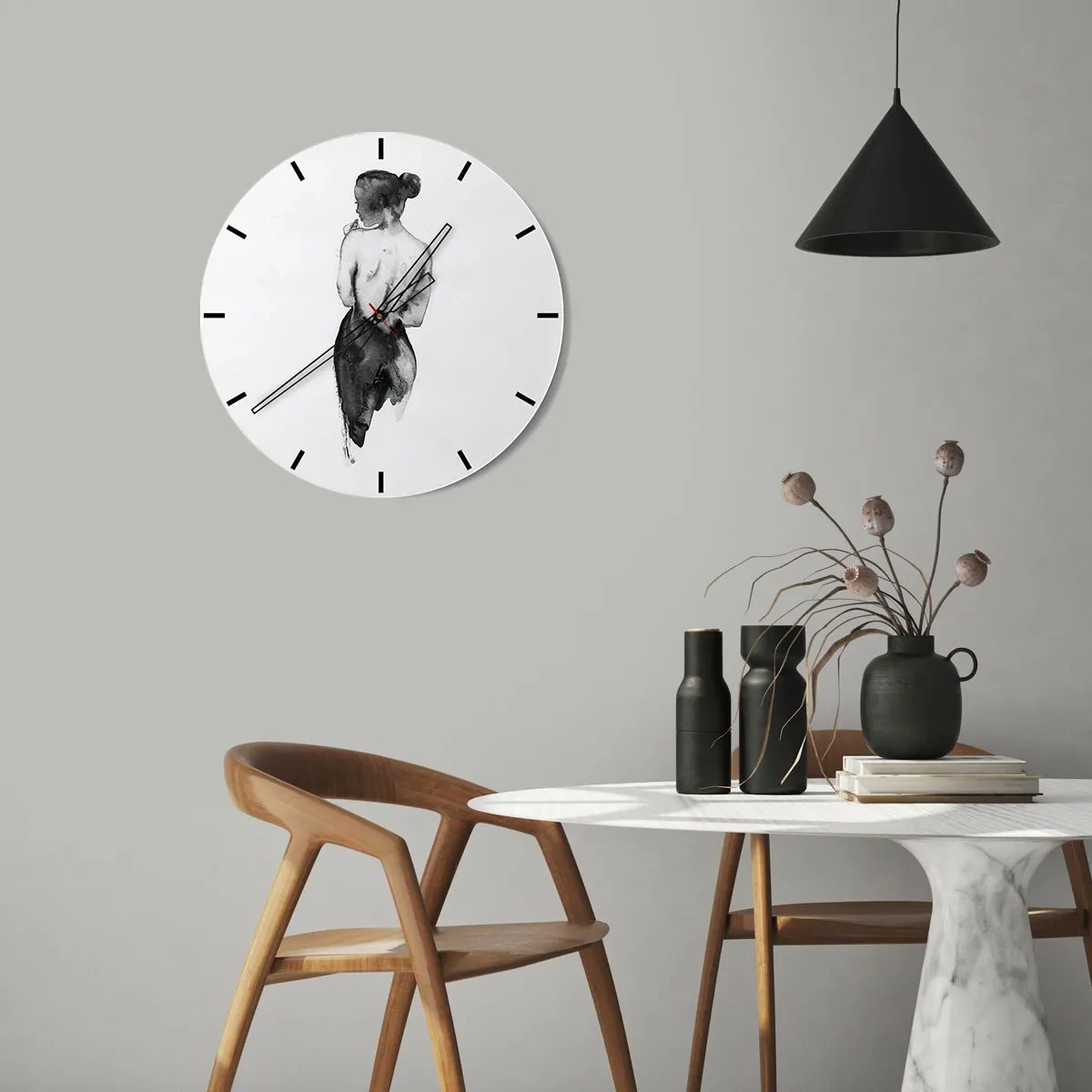 Ceas de perete - Ceas pe sticlă - Siluetă alb-negru a unei femei cu spatele expus - 30x30cm - Cu ea lumea dispare - Decorațiune modernă pentru perete pentru living, bucătărie și dormitor ARTTOR
