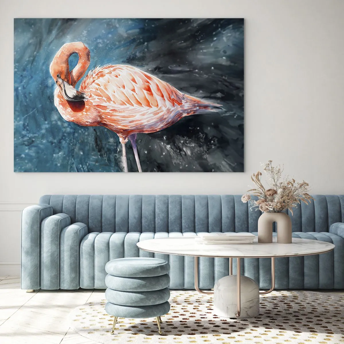 Tablou pe sticlă - Un flamingo roz pe un fundal albastru de acuarelă - 70x50cm - Decorativ prin natură - Decorațiune modernă pentru perete pentru living și dormitor ARTTOR