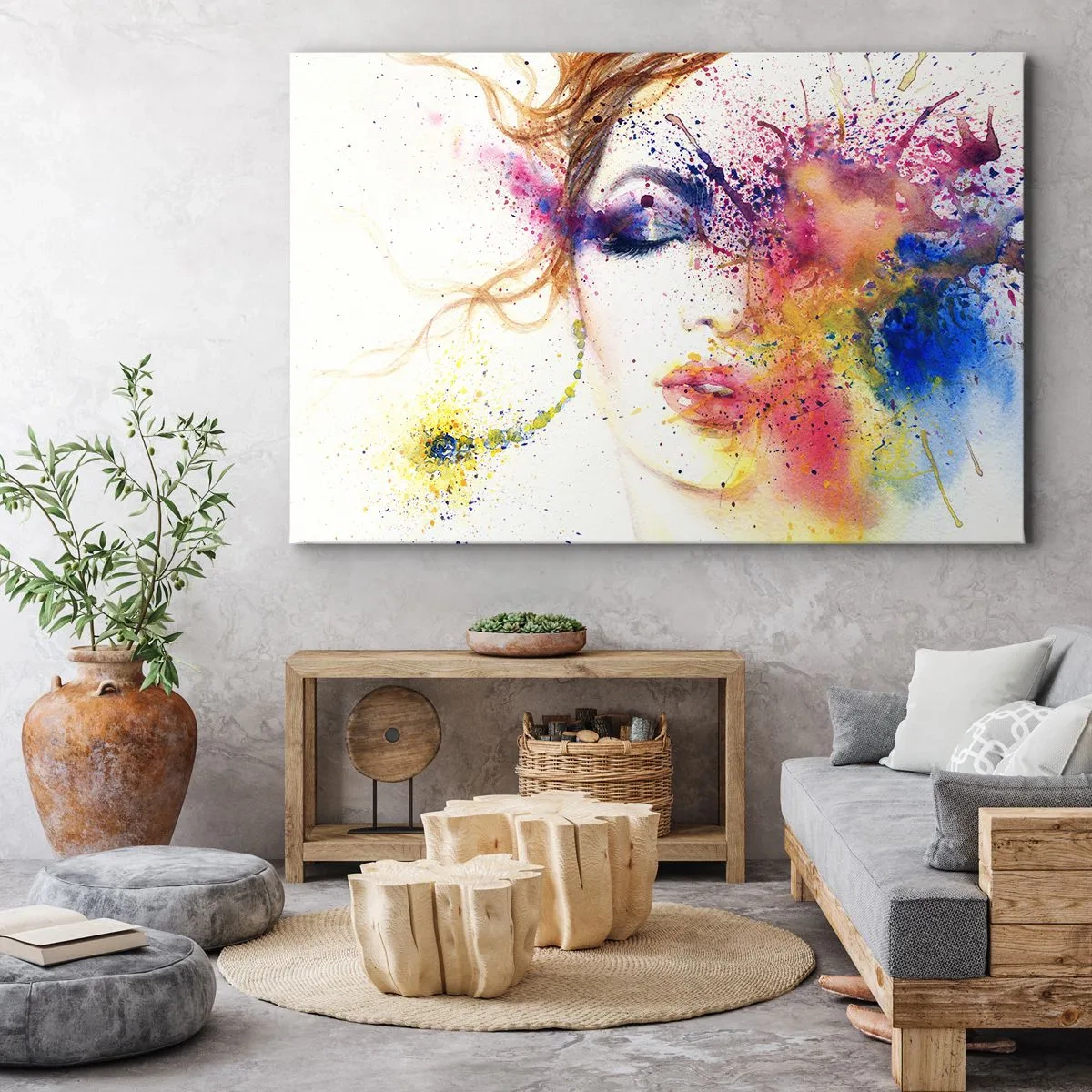 Tablou pe pânză Canvas - Un portret artistic al unei femei în culori expresive de acuarelă. - 70x50cm - Amețeala curcubeului - Decorațiune modernă pentru perete pentru living și dormitor ARTTOR