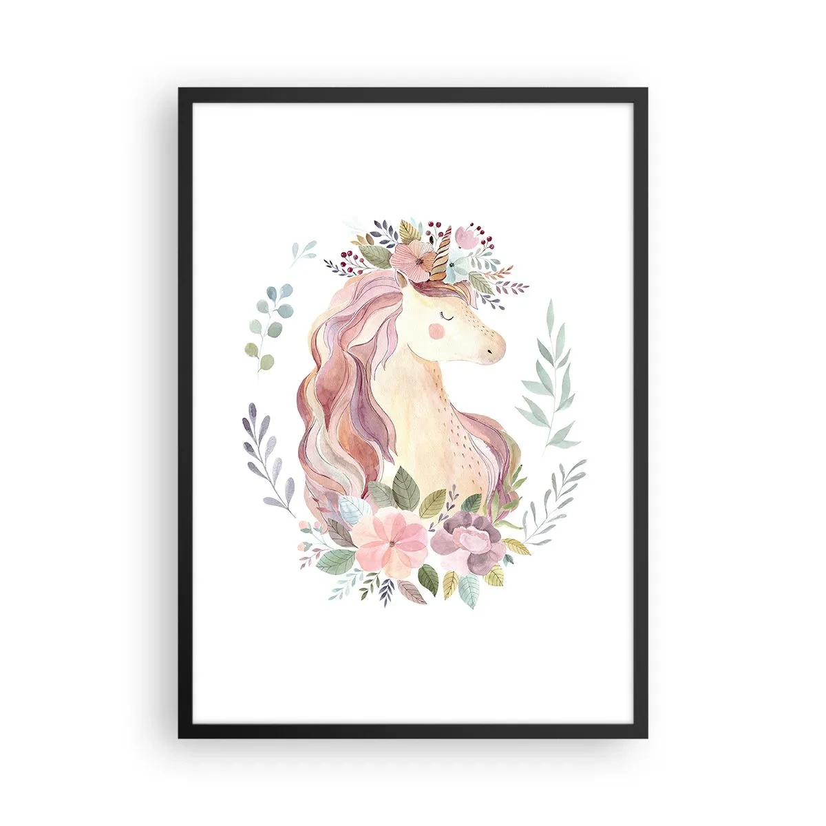 Poster în ramă neagră - Un unicorn în acuarelă înconjurat de flori pastelate. - 50x70cm - O invitație în lumea basmelor - Decorațiune modernă pentru perete pentru living și dormitor ARTTOR