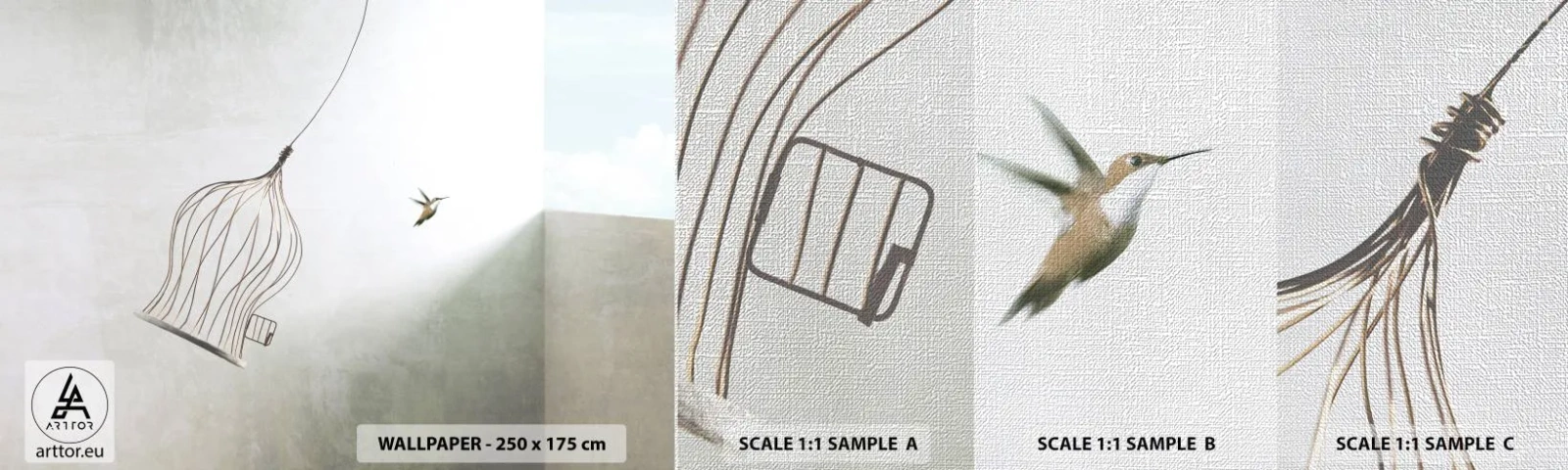 Mostră tapet Premium Canvas - Eliberat - Abstracția, Pasăre, Colivie - 100x30 cm