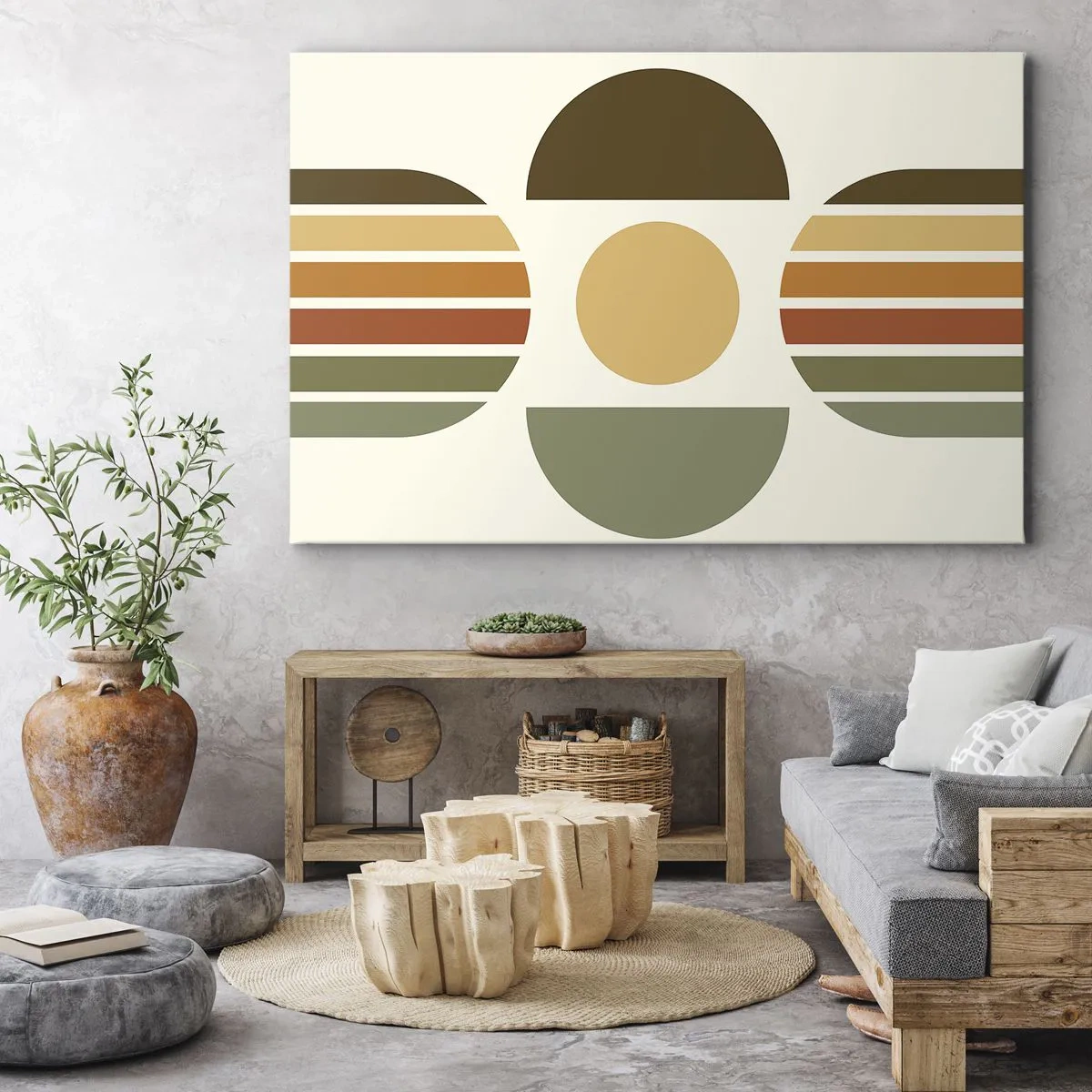 Tablou pe pânză Canvas - Compoziție geometrică cu semicercuri și dungi în tonuri pământii - 70x50cm - În culorile pământului - Decorațiune modernă pentru perete pentru living și dormitor ARTTOR