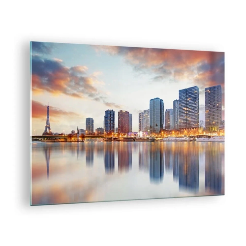 Tablou pe sticlă - Panoramă a Parisului cu Turnul Eiffel și clădiri moderne la amurg - 70x50cm - Calmul monumental al Parisului - Decorațiune modernă pentru perete pentru living și dormitor ARTTOR