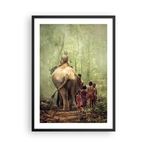 Poster în ramă neagră - Copii și un elefant în pădurea tropicală - 50x70cm - Noua Carte a Junglei - Decorațiune modernă pentru perete pentru living și dormitor ARTTOR