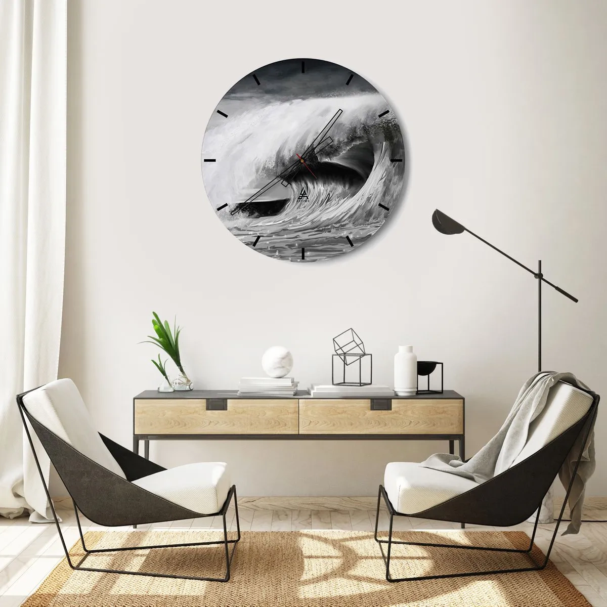 Ceas de perete - Ceas pe sticlă - Un val dinamic în nuanțe de alb și negru - 30x30cm - Mânia oceanului - Decorațiune modernă pentru perete pentru living, bucătărie și dormitor ARTTOR