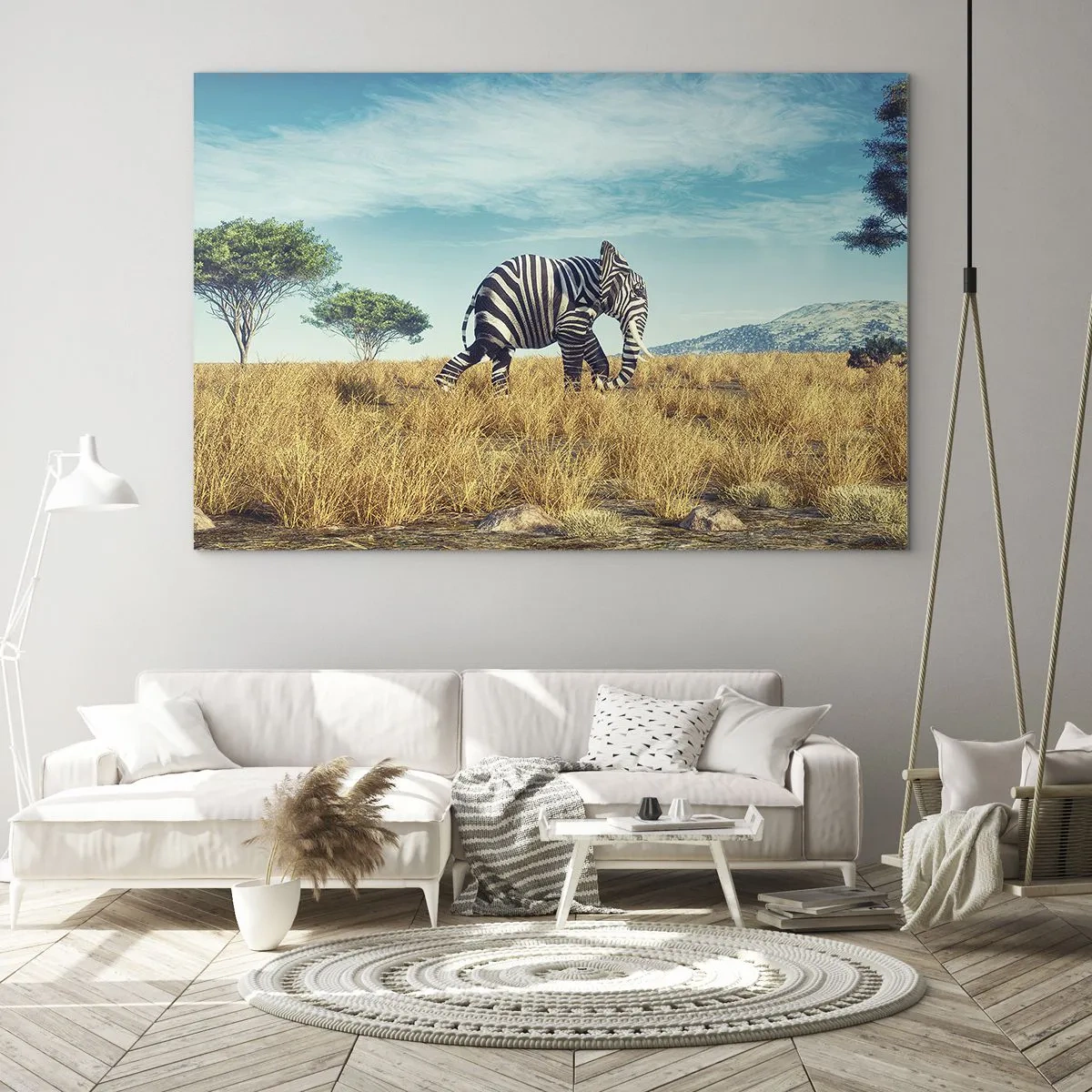 Tablou pe sticlă - Un elefant cu dungi de zebră pe savană sub cer - 70x50cm - Griul nu mai este la modă - Decorațiune modernă pentru perete pentru living și dormitor ARTTOR