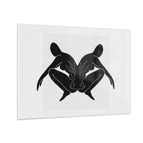 Tablou pe sticlă - Figuri negre formând o inimă simetrică pe un fundal alb - 70x50cm - Suflet comun - Decorațiune modernă pentru perete pentru living și dormitor ARTTOR