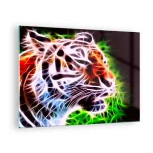 Tablou pe sticlă - Un tigru în culori neon, luminoase - 70x50cm - Aură amenințătoare - Decorațiune modernă pentru perete pentru living și dormitor ARTTOR