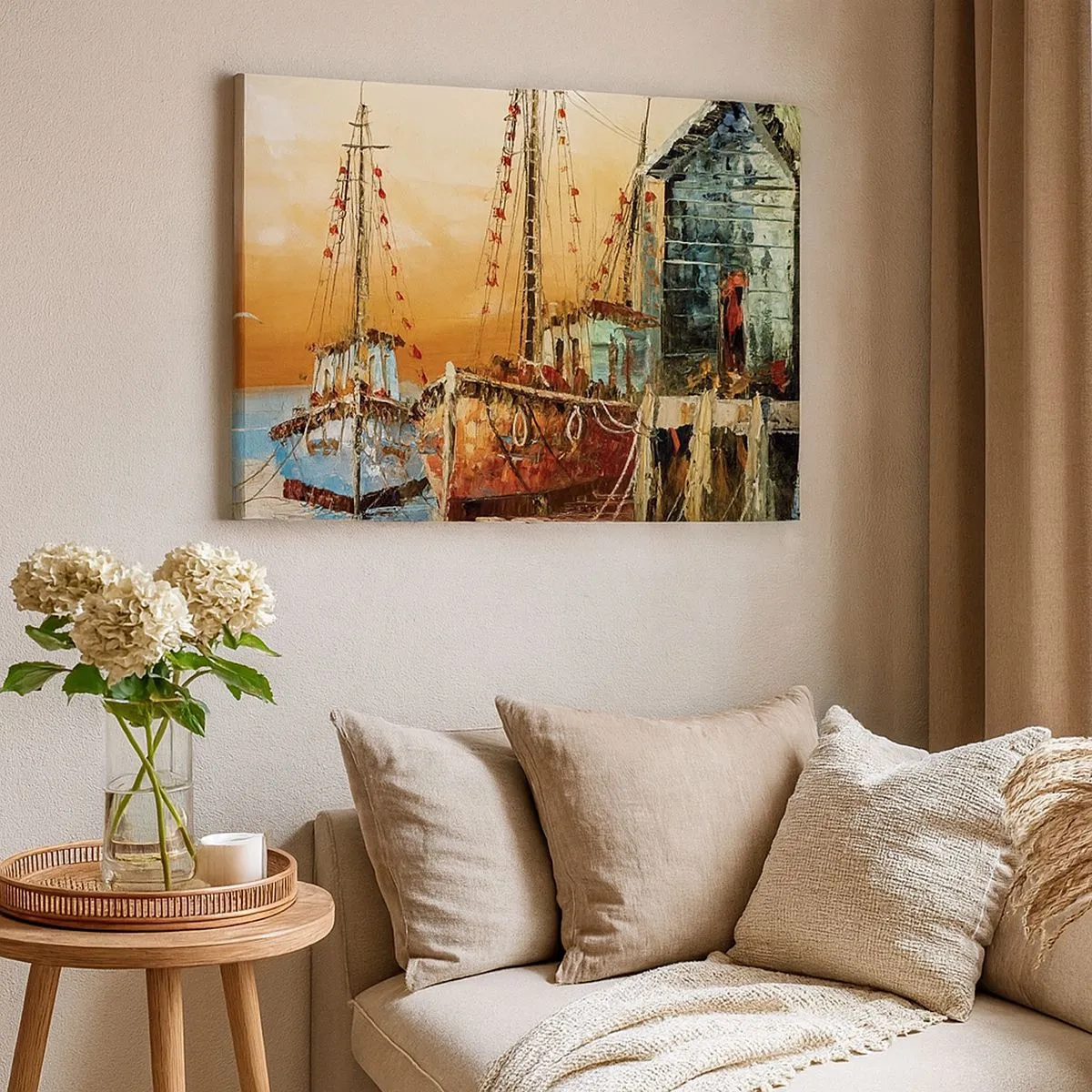 Tablou pe pânză Canvas - Bărci pe țărm în lumina caldă a apusului - 70x50cm - Întoarcere pașnică - Decorațiune modernă pentru perete pentru living și dormitor ARTTOR