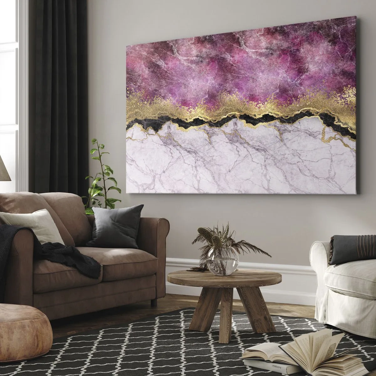 Tablou pe pânză Canvas - Marmură abstractă în nuanțe de roz cu accente aurii - 70x50cm - La graniță - Decorațiune modernă pentru perete pentru living și dormitor ARTTOR