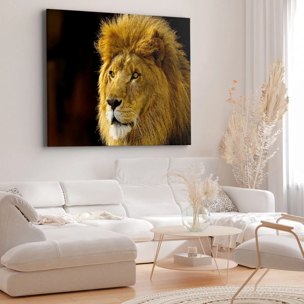 Tablou pe pânză Canvas - Portretul unui leu cu o coamă maiestuoasă pe un fundal întunecat - 70x50cm - Portretul unui rege - Decorațiune modernă pentru perete pentru living și dormitor ARTTOR