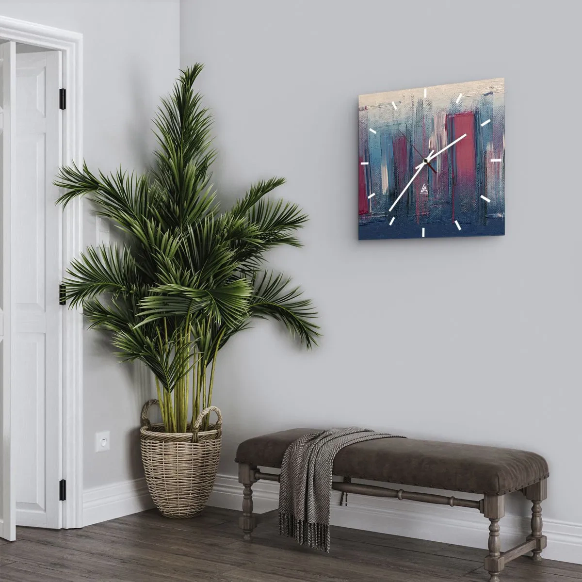 Ceas de perete - Ceas pe sticlă - Compoziție verticală în albastru și roșu - 30x30 cm