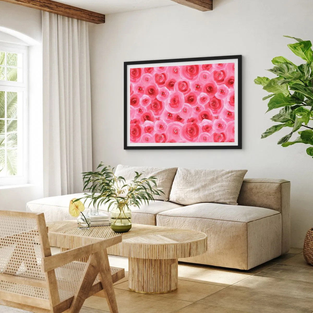 Poster în ramă neagră - Trandafiri de sus în jos - 70x50 cm