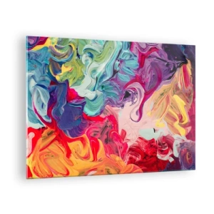 Tablou pe sticlă - Dungi colorate abstracte de vopsea pe pânză în culori intense - 70x50cm - Nașterea culorii - Decorațiune modernă pentru perete pentru living și dormitor ARTTOR