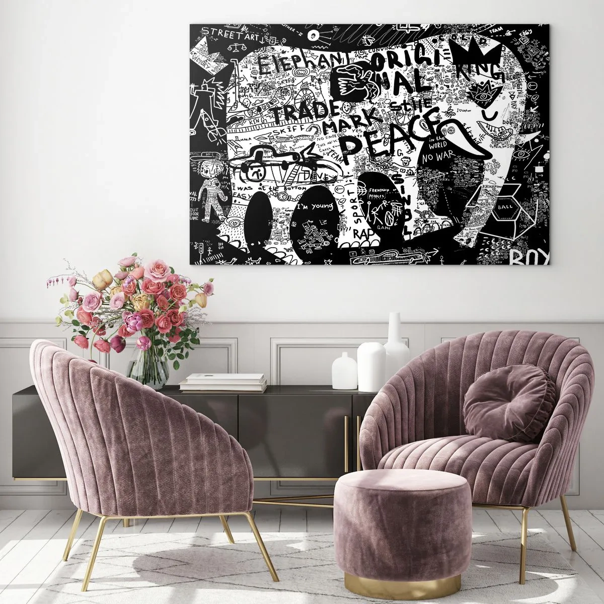 Tablou pe sticlă - Imagine graffiti alb-negru cu teme de pace și libertate - 70x50cm - Lumea bogată a străzii - Decorațiune modernă pentru perete pentru living și dormitor ARTTOR