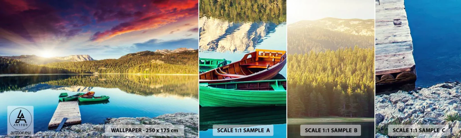 Mostră tapet autocolant Deluxe Sticker - Spre o apă netedă ca o oglindă - Peisaj, Munţi, pădure - 100x30 cm