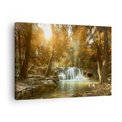 Tablou pe pânză Canvas - Peisaj de toamnă cu o cascadă - 70x50cm - Cascadă în parc - Decorațiune modernă pentru perete pentru living și dormitor ARTTOR