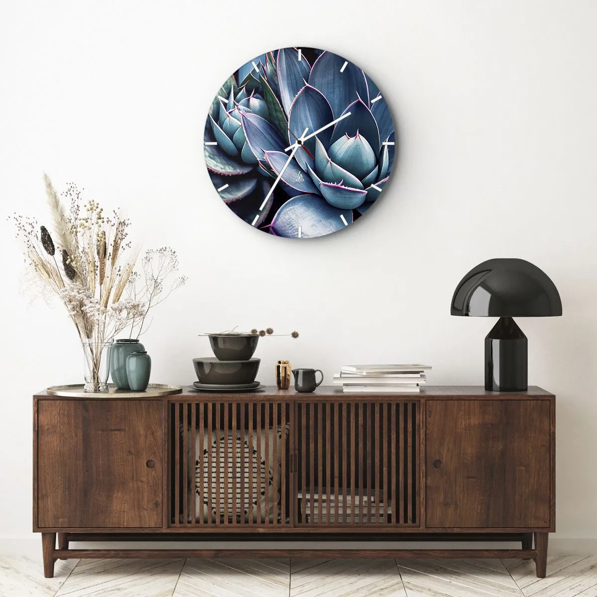 Ceas de perete - Ceas pe sticlă - Rozete luxuriante de suculente în nuanțe de turcoaz și violet - 30x30cm - Forța vitală - Decorațiune modernă pentru perete pentru living, bucătărie și dormitor ARTTOR