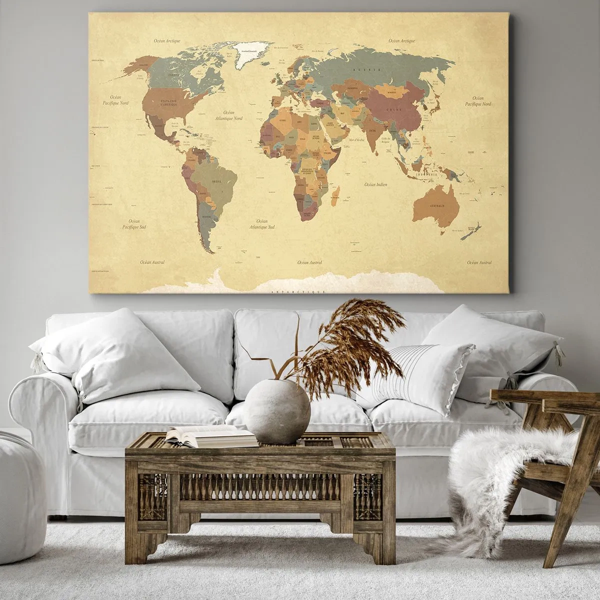 Tablou pe pânză Canvas - O hartă a lumii stilizată în nuanțe de bej și culori pastelate. - 70x50cm - Pentru tine - întreaga lume - Decorațiune modernă pentru perete pentru living și dormitor ARTTOR
