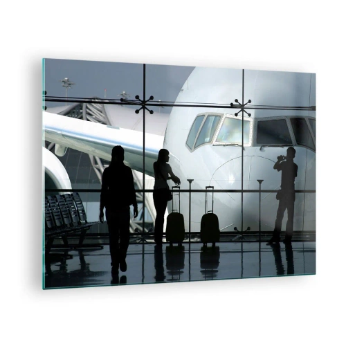 Tablou pe sticlă - Aeroport cu vedere la avion și siluete de călători - 70x50cm - Vis a vis la aeroport - Decorațiune modernă pentru perete pentru living și dormitor ARTTOR
