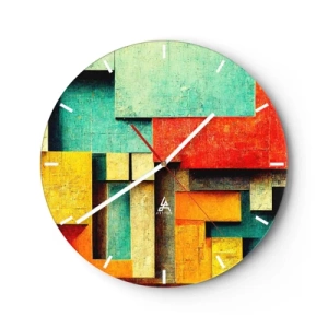 Ceas de perete - Ceas pe sticlă - Blocuri geometrice colorate într-un stil abstract - 30x30cm - Festival de unghiuri drepte - Decorațiune modernă pentru perete pentru living, bucătărie și dormitor ARTTOR