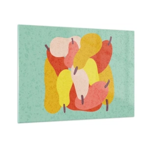 Tablou pe sticlă - Pere colorate într-un stil grafic pe un fundal turcoaz - 70x50cm - Gustă soarele de vară - Decorațiune modernă pentru perete pentru living și dormitor ARTTOR