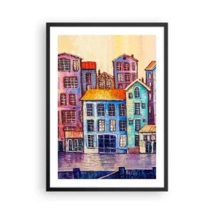 Poster în ramă neagră - Case de locuit colorate lângă apă, într-un stil pictural - 50x70cm - Un oraș ca în basm - Decorațiune modernă pentru perete pentru living și dormitor ARTTOR