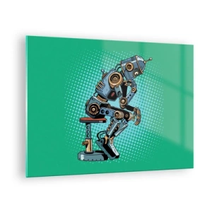 Tablou pe sticlă - Un robot gânditor pe un fundal verde cu model pop art. - 70x50cm - Peste esența ființei - Decorațiune modernă pentru perete pentru living și dormitor ARTTOR