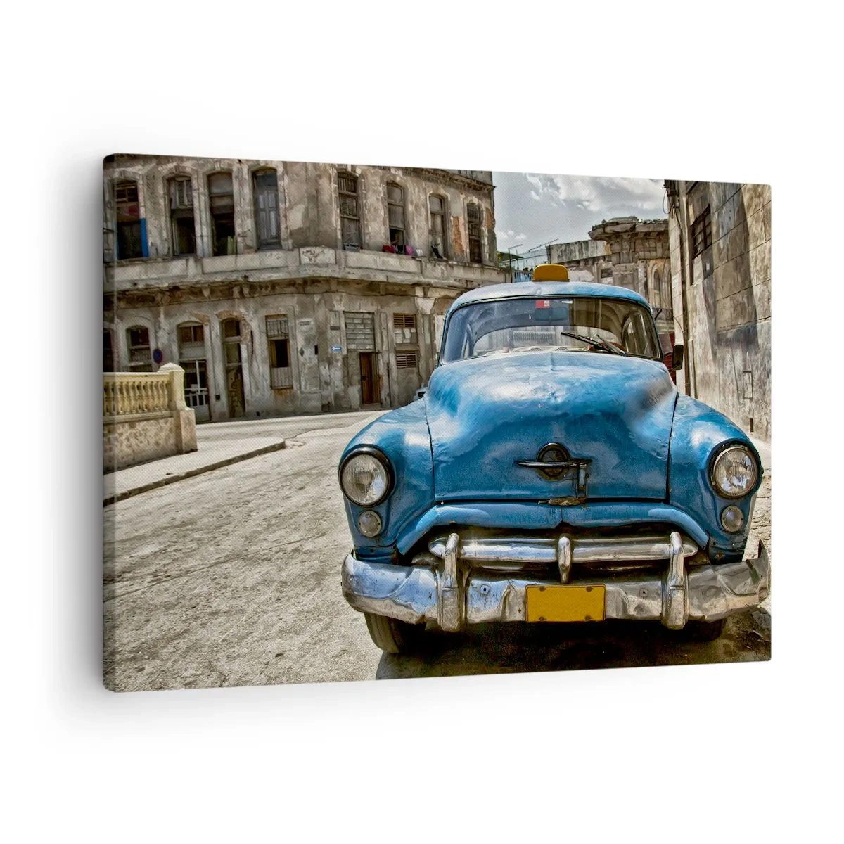 Tablou pe pânză Canvas - O mașină albastră veche pe stradă, în stil retro - 70x50cm - Vechiul este frumos - Decorațiune modernă pentru perete pentru living și dormitor ARTTOR