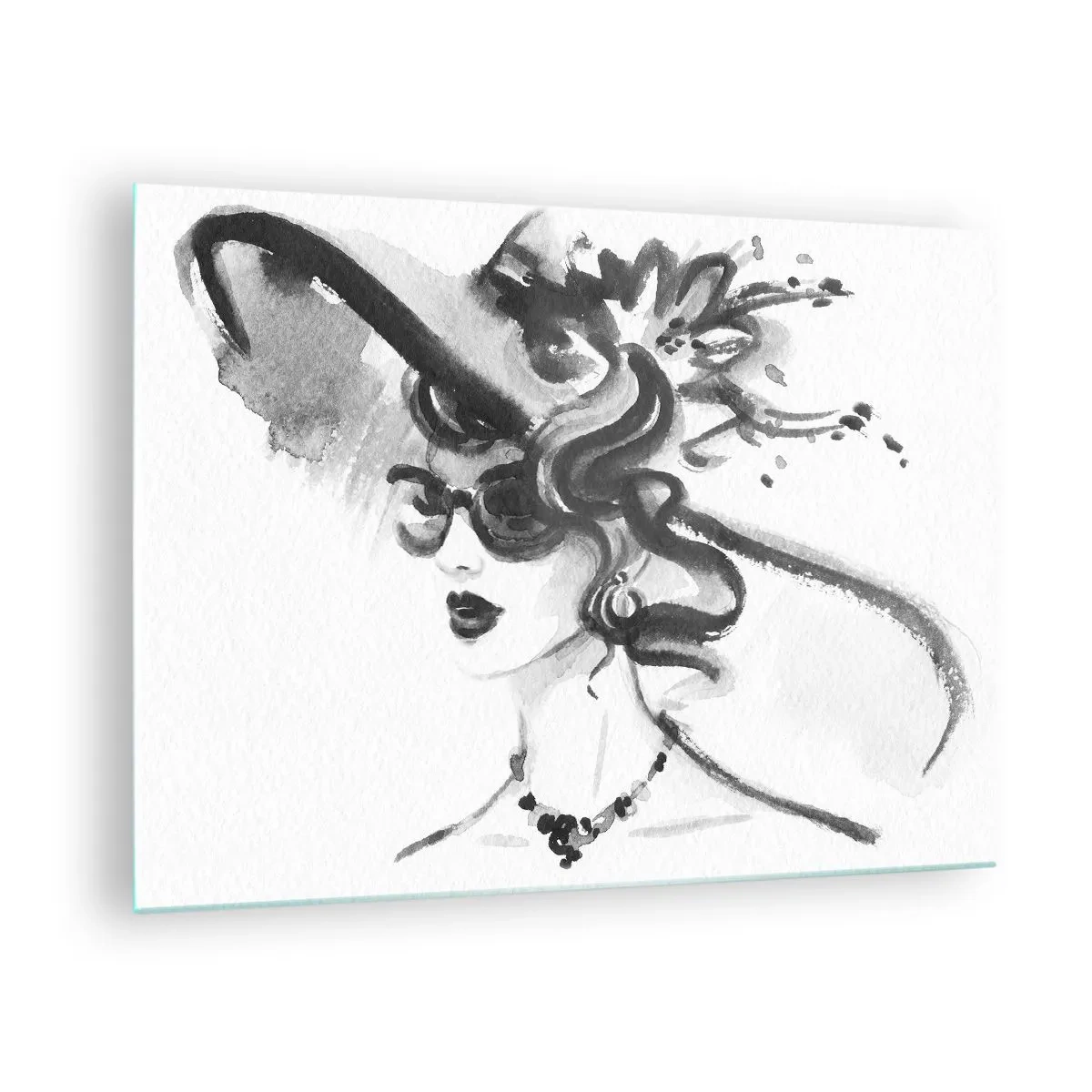 Tablou pe sticlă - Portret alb-negru al unei femei purtând o pălărie - 70x50cm - Dama cu caracter - Decorațiune modernă pentru perete pentru living și dormitor ARTTOR