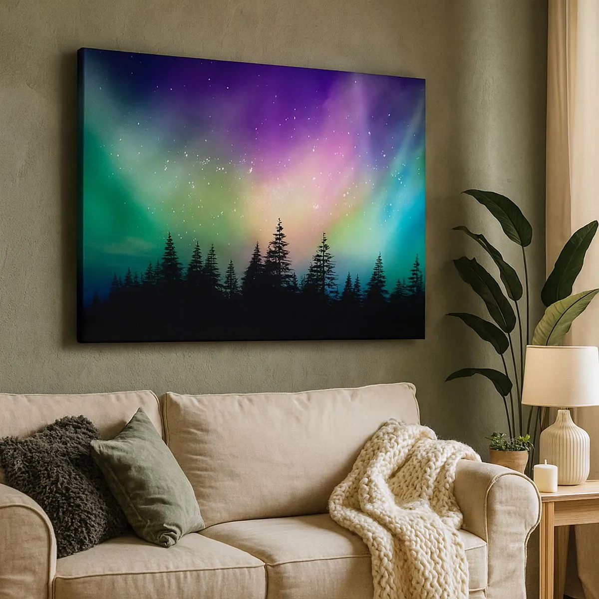 Tablou pe pânză Canvas - Aurora boreală deasupra unei păduri cu cer înstelat - 70x50cm - Magie albă - Decorațiune modernă pentru perete pentru living și dormitor ARTTOR