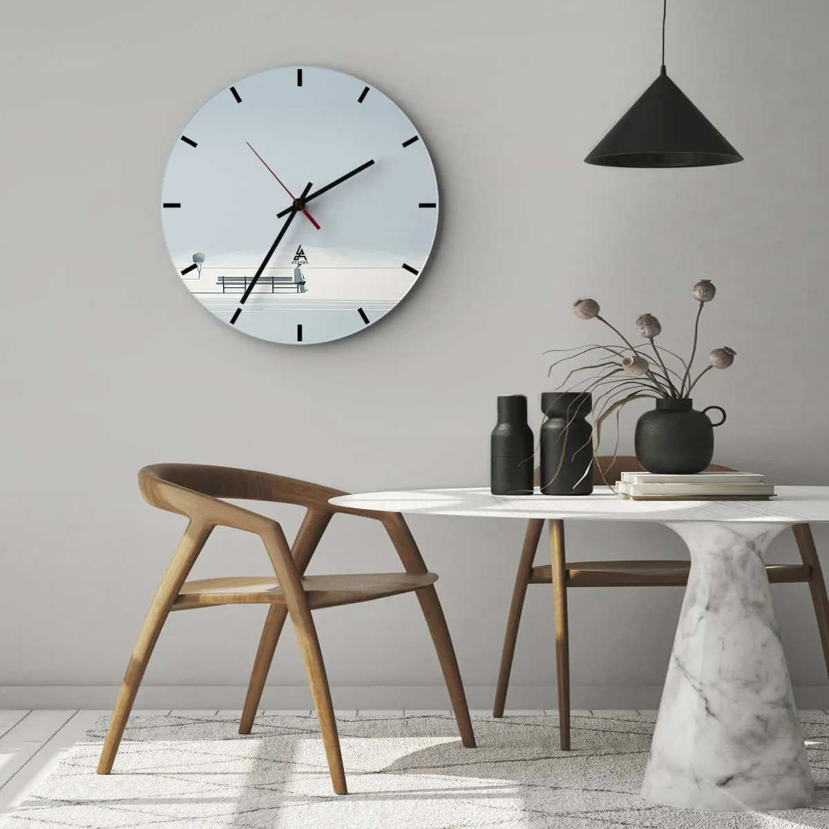 Ceas de perete - Ceas pe sticlă - O siluetă singură stă pe o bancă într-un peisaj de iarnă. - 30x30cm - Da, aștept. - Decorațiune modernă pentru perete pentru living, bucătărie și dormitor ARTTOR