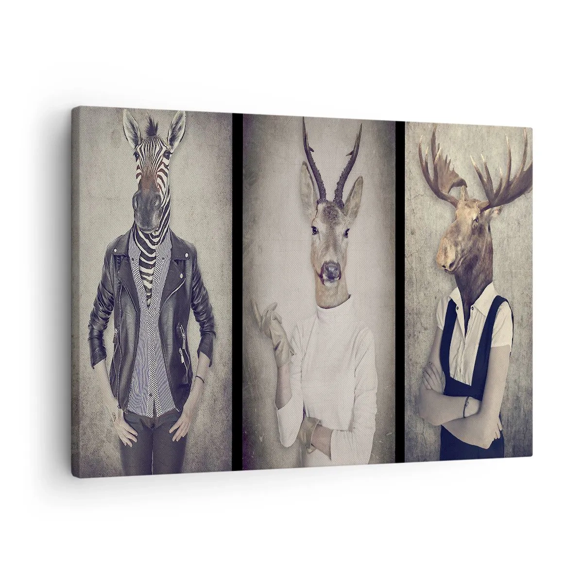 Tablou pe pânză Canvas - Un triptic cu figuri de animale în haine umane pe un fundal artistic - 70x50cm - Lăsați gesturile să vorbească - Decorațiune modernă pentru perete pentru living și dormitor ARTTOR