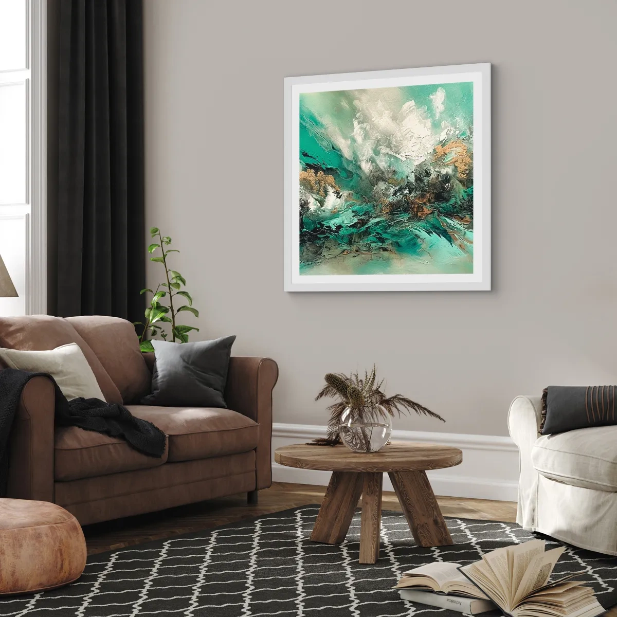 Poster în ramă albă - Fierbere negru-smarald - 40x40 cm