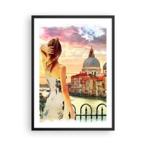 Poster în ramă neagră - O femeie admiră priveliștea unui oraș istoric la apus - 50x70cm - Când vine vorba de aventură, doar în... - Decorațiune modernă pentru perete pentru living și dormitor ARTTOR